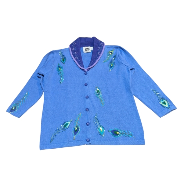 Storybook Knits Peacock Pizazz Feathers Embroidered Beaded Sweater size Medium - Picture 1 of 10